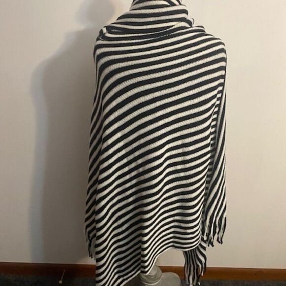 Black/White stripe cowl neck fringe poncho, size OS - Picture 2 of 2